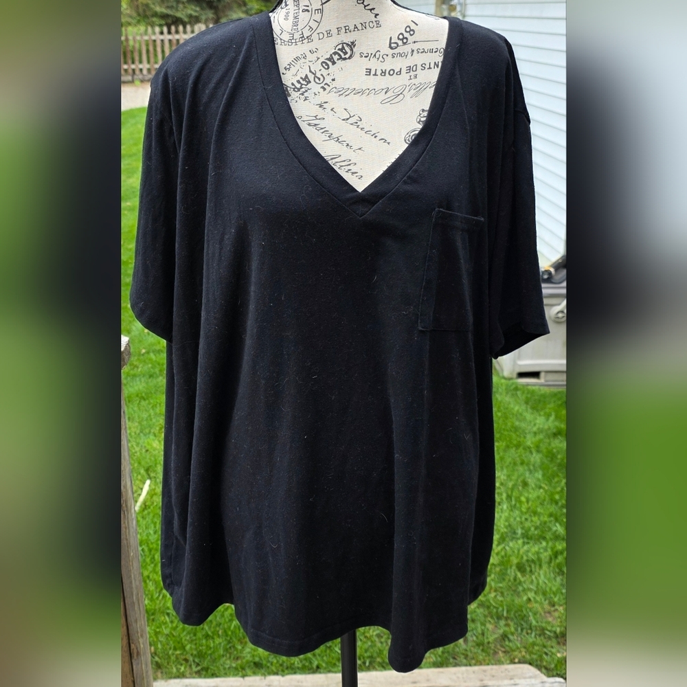 Womens Plus Size 3X Black V Neck Short Sleeve Pocket Tee Shirt T-shirt Basic Top